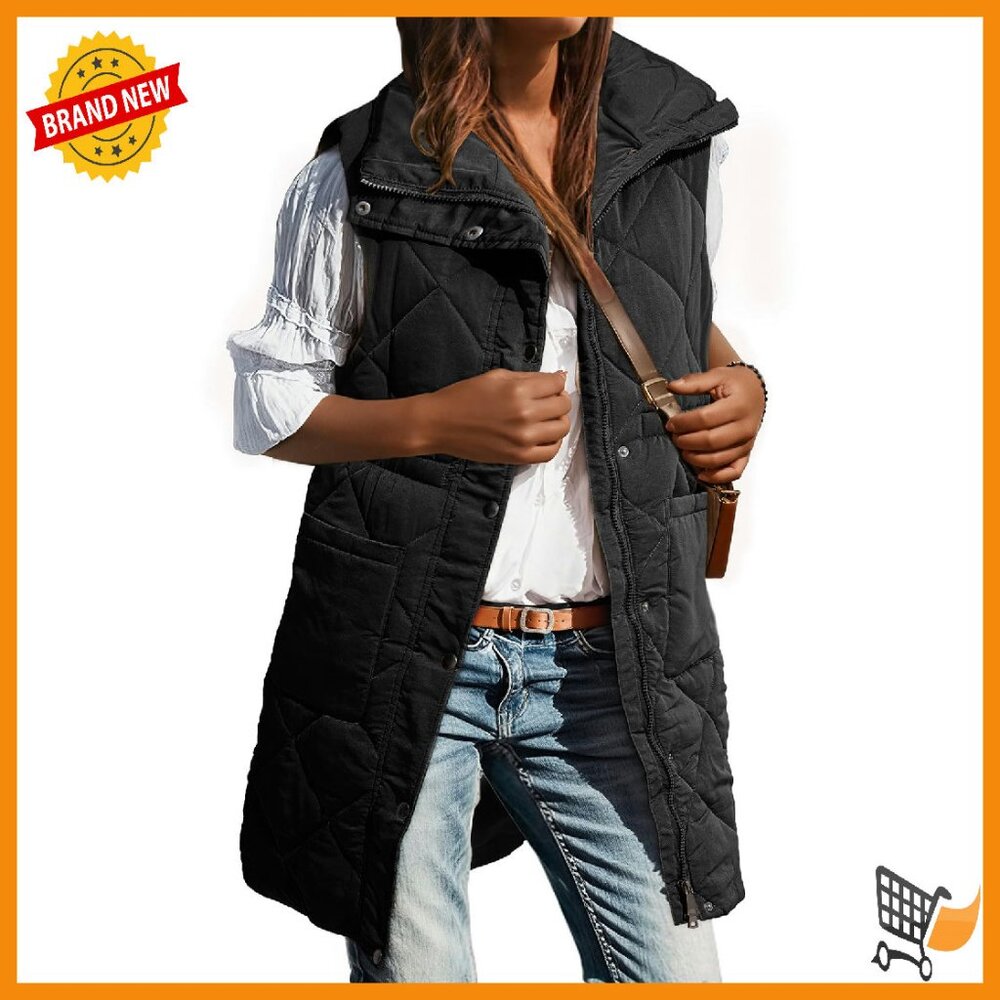 Women's Long Puffer Vest Stand Collar Sleeveless Winter Coat With Pockets